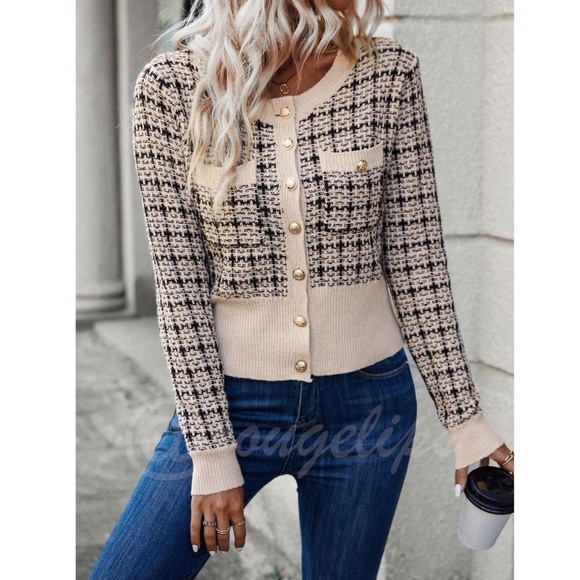 Beige Plaid Button Up Cardigan Knit Long Sleeve Chest Pocket - Picture 5 of 8